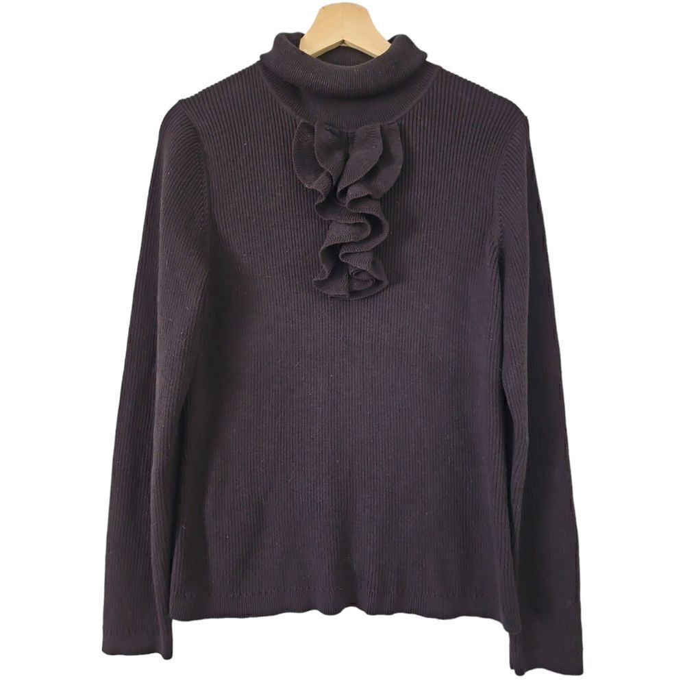 Talbots Cotton Blend Turtle Neck Pullover Ruffled Collar Sweater Black Classy L